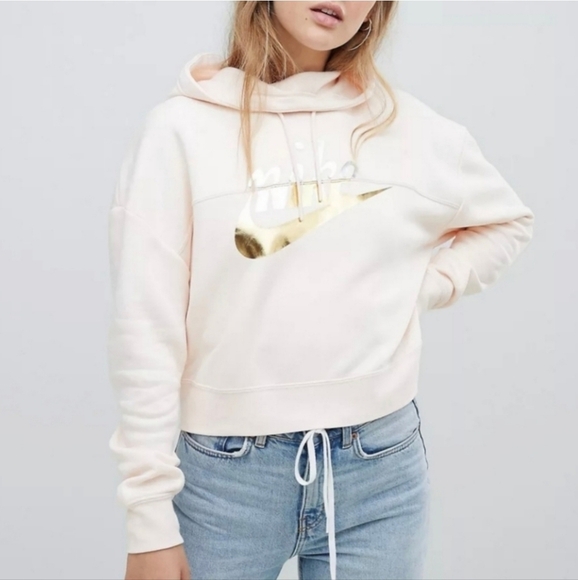 Nike Rally Pink Metallic Swoosh Graphic Logo Crop Pullover Hooded Sweatshirt - Picture 1 of 9